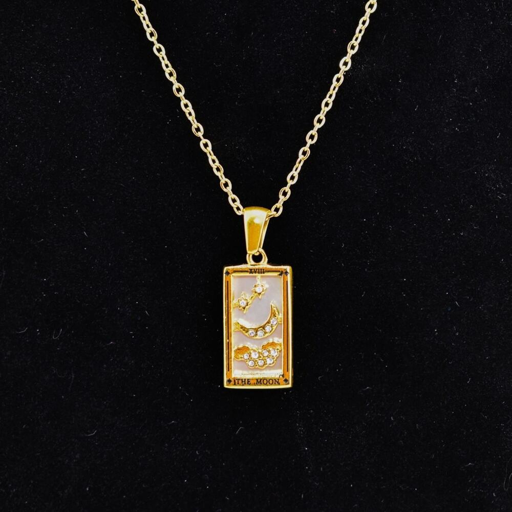 Gold Colored Stainless Steel Tarot Card Necklace. - The Moon